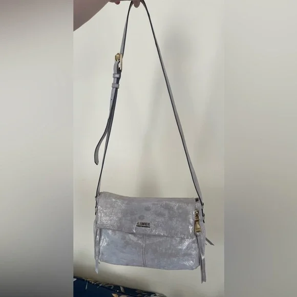 Aimee Kestenberg Beige with Gold Metallic Shimmer Bali Foldover Crossover Bag - Picture 1 of 7